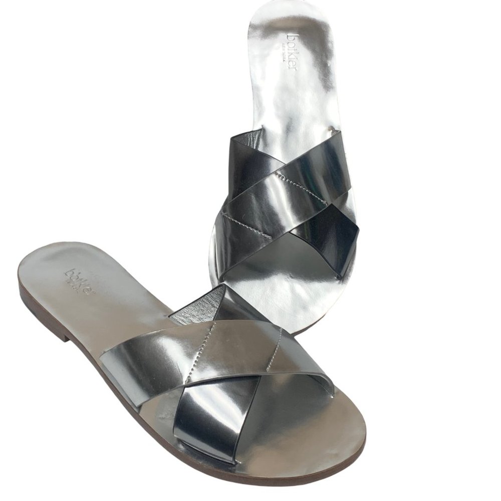 BOTKIER NY Ally Silver Criss‎ Cross Leather Slip on Flat Slides